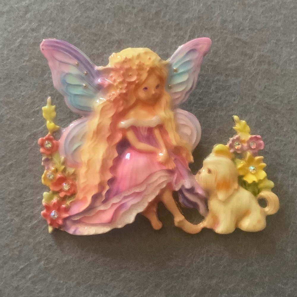 Vintage Fairy and Puppy Brooch Gold Tone Rhinestone Pastel Fantasy Pin